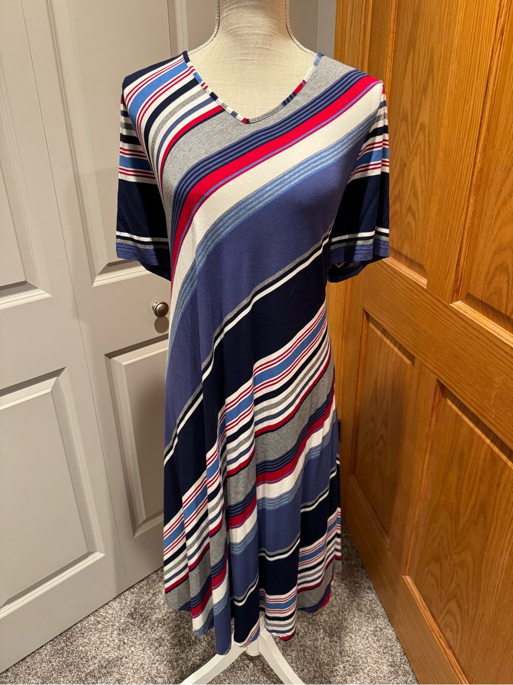 Catherines Navy, Blue, Gray & Pink Striped V-Neck Midi Dress